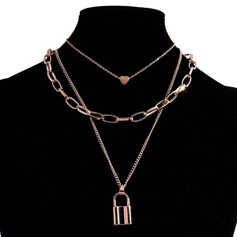 Aihua Vintage Boho Gold Farbe Mehrschichtige Kette Winzige Herz Schloss Anhänger Halsketten für Frauen Halskette Party Schmuck Geschenke – Detail 3