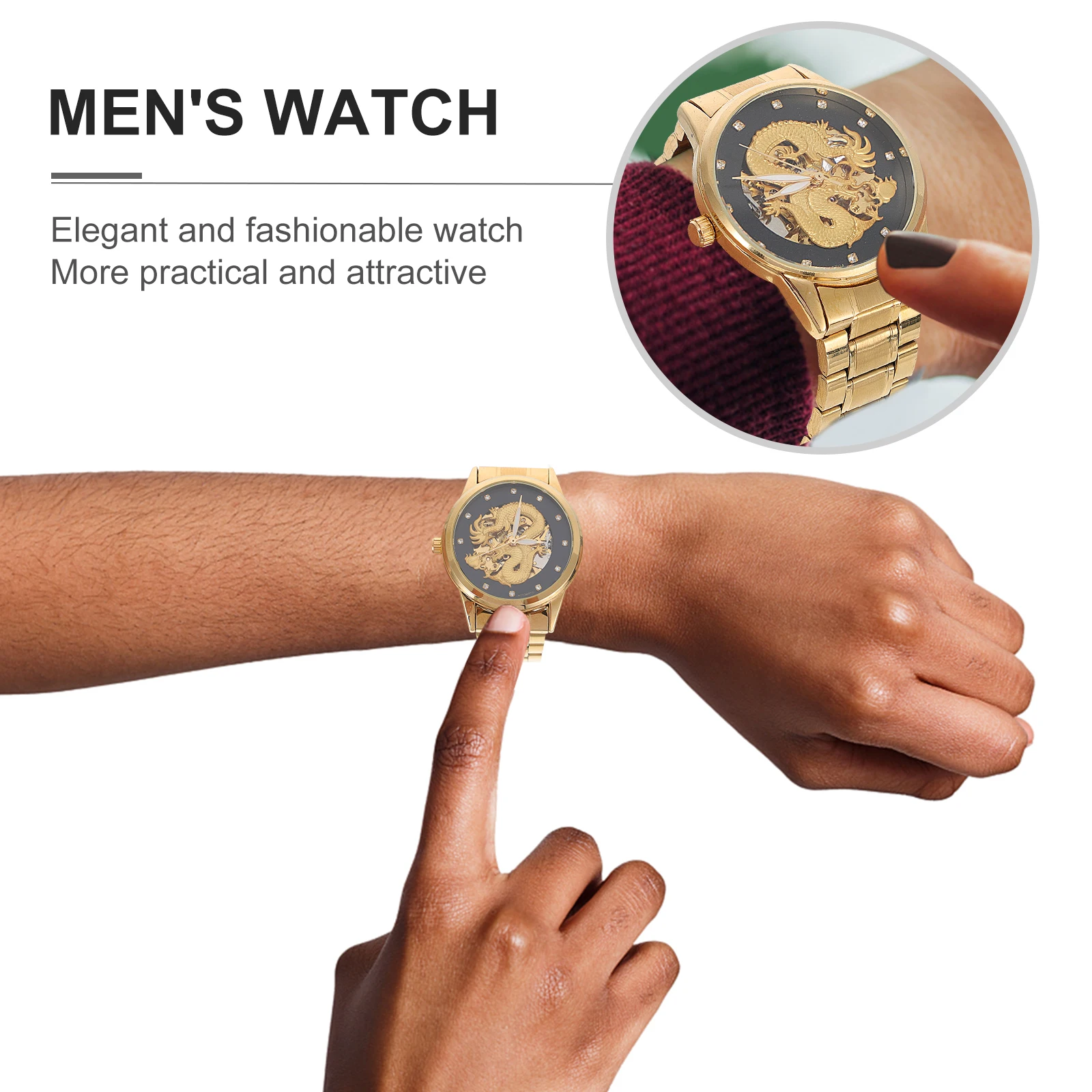 

Men Watch Waterproof Mechanical Stainless Steel Strap Fashion Business Casual Wristwatch Daily Use Hollowed-Out Dial