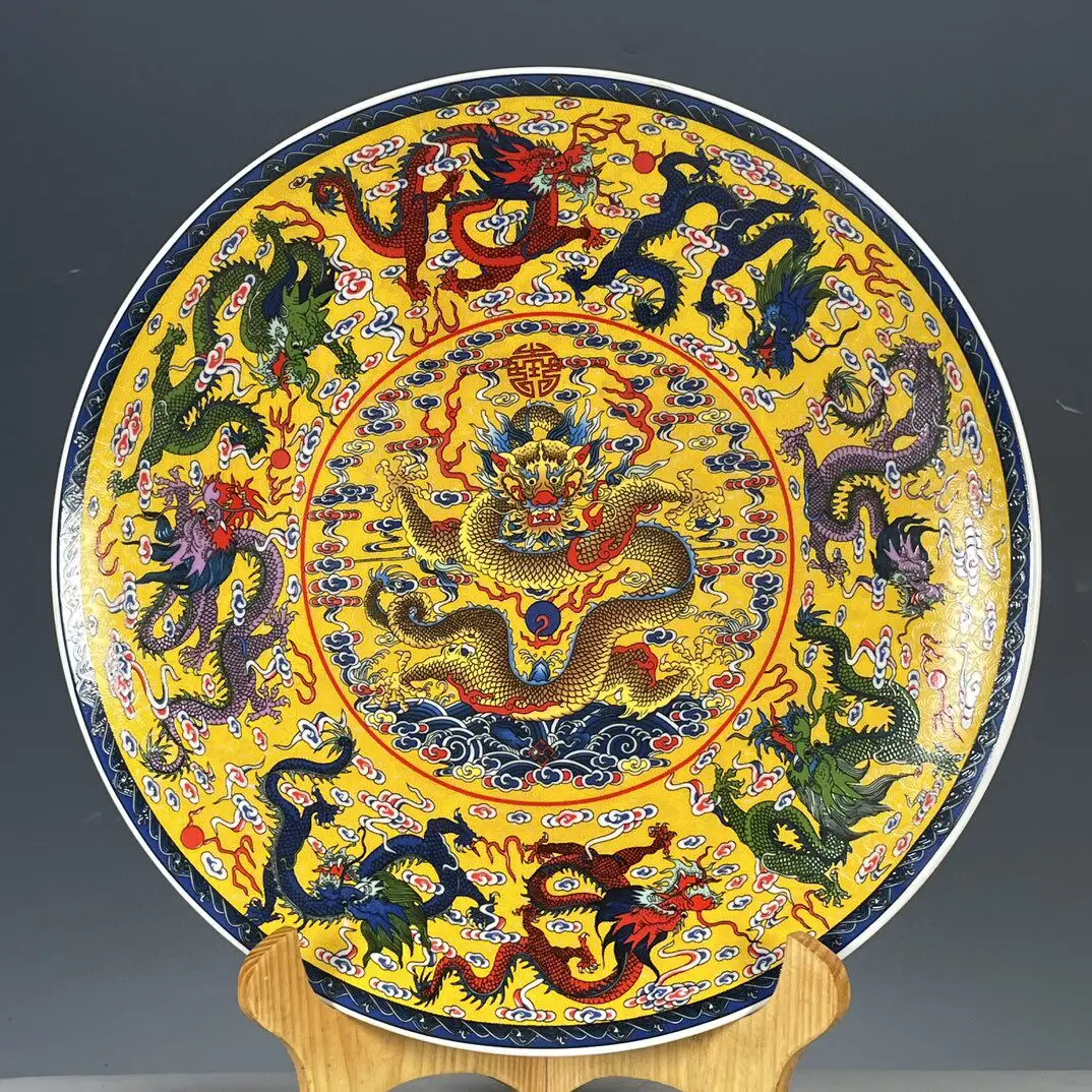 Chinese Nine Dragon Ceramic Decor Plate Colorful Pattern Vintage-Style Home Desktop Display Art Collectible Craft