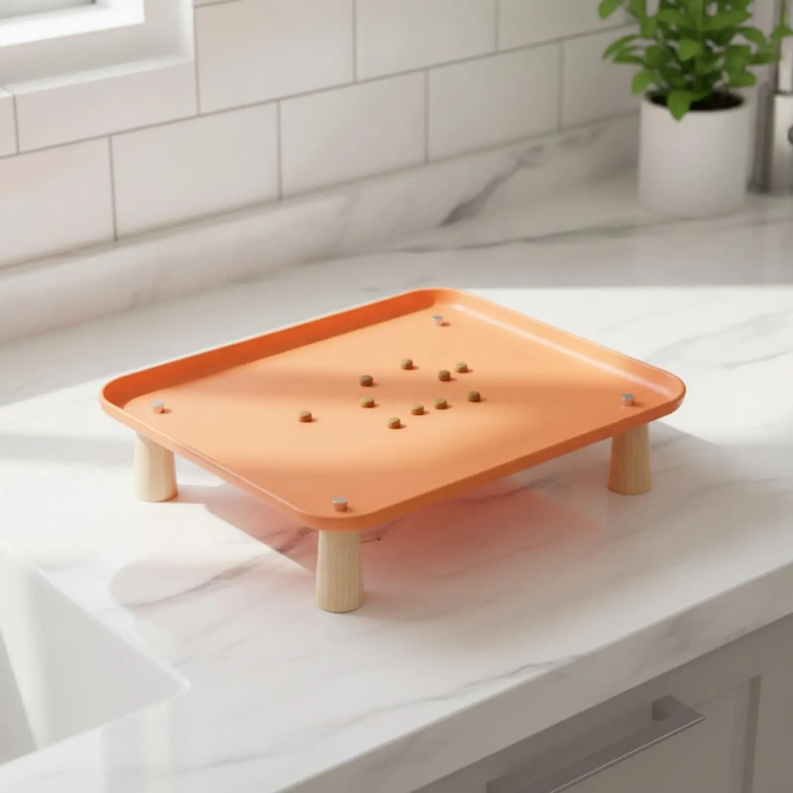 Elevated Rectangular Pet Feeding Tray with Wooden Legs Easy to Clean Spill-Containing Pet Feeding Tray with Raised Rim Stable