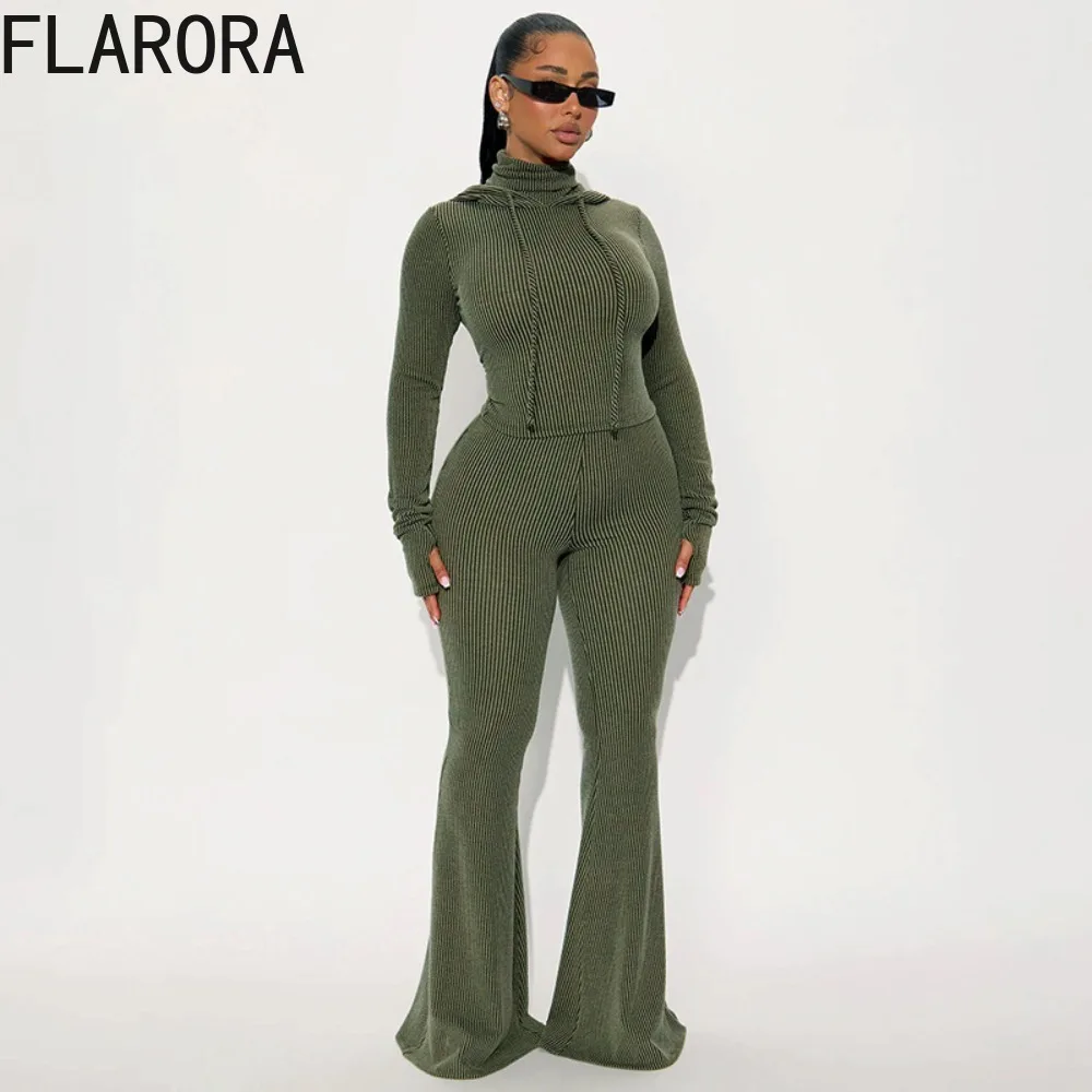 FLARORA 가을 캐주얼 스포티 2피스 세트 여성용 스트라이프 긴팔 후드 풀오버와 플레어 팬츠 패션 스트리트 트랙수트