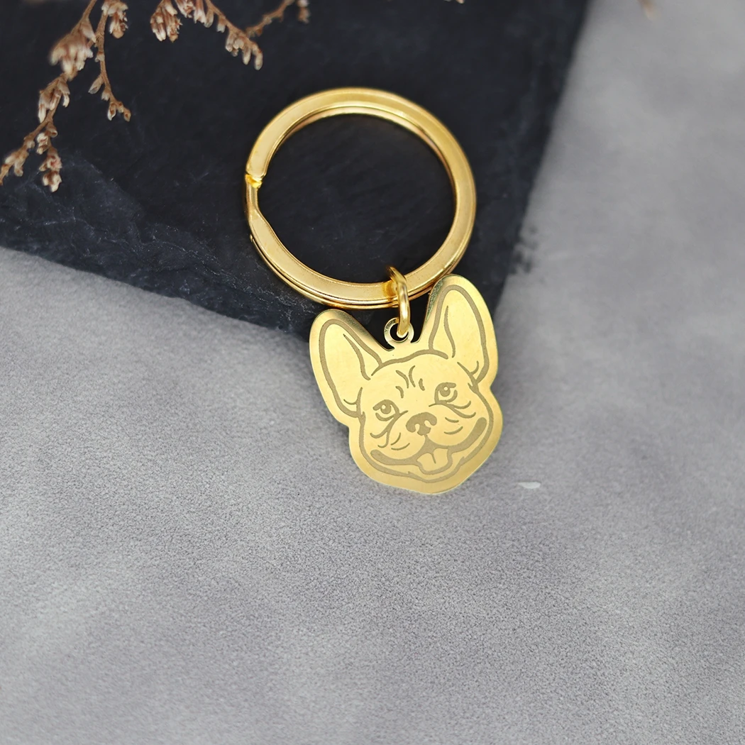 Qiamni-男性と女性のためのかわいいフレンチブルドッグキーホルダー、ステンレス鋼、カスタム名、番号、動物のペンダント、キーホルダー、パーティージュエリー、ギフト