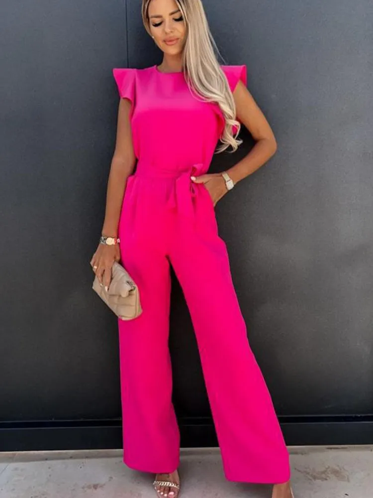 Elegant Women\'s Fashion White Butterfly Sleeve Jumpsuit Solid Casual O-neck Belts Wide Leg Playsuit Summer Office Lady Jumpsuits