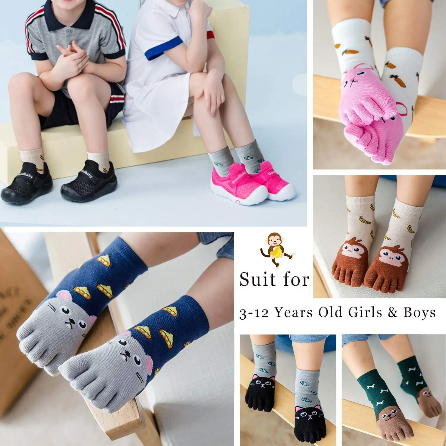 5pairs Cartoon Five Fingers Sock Animal Hosiery Toe Socks Toddler Kids Baby Girls Boys Winter Cotton Socks Cute Socks