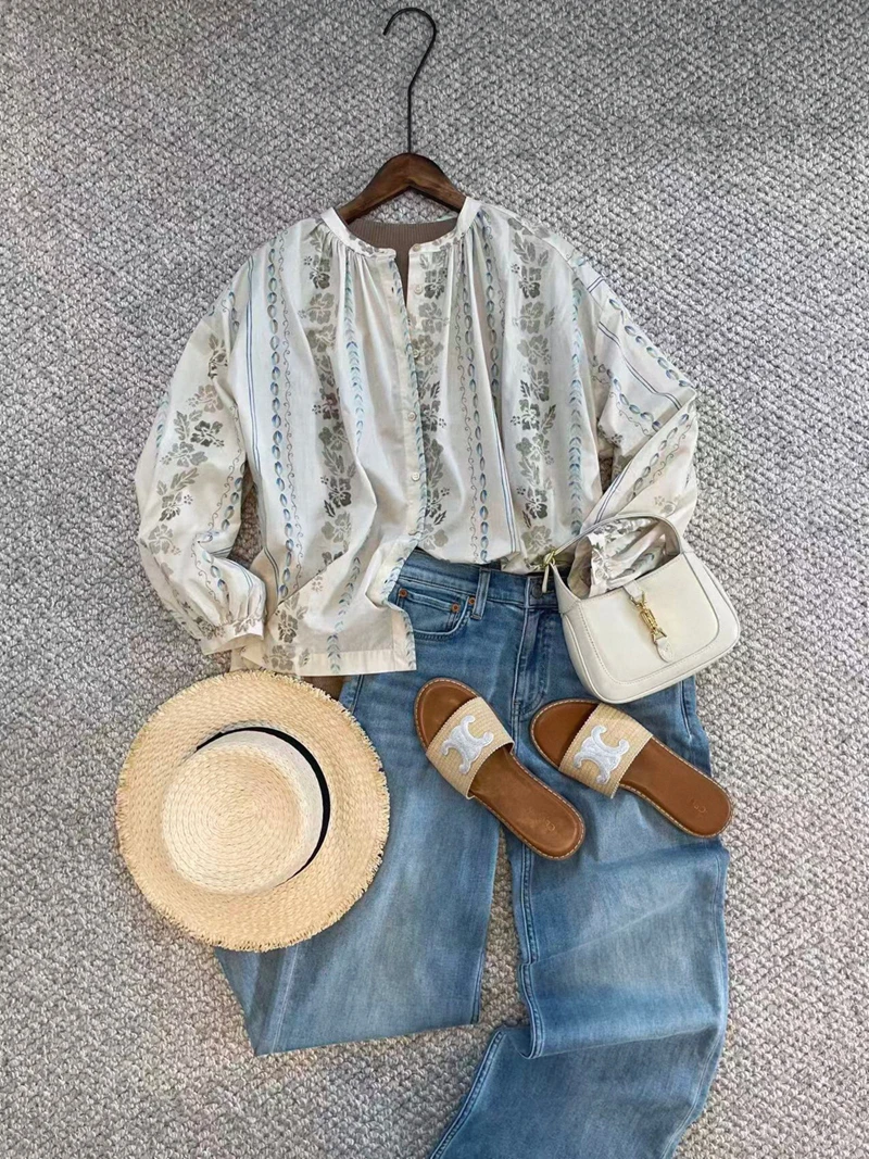 

Рубашка Cuijia из традиционного хлопка с плиссированным круглым вырезом, свободного кроя, в повседневном стиле, с рукавами-фонариками, дышащая