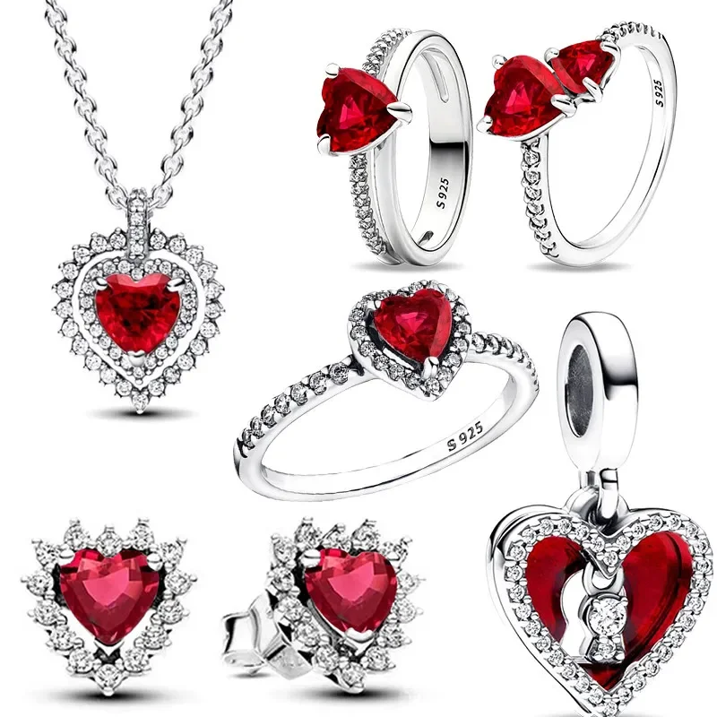 

Hot 925 Sterling Silver Heart & Red Heart Charm Beads Fit Original Pandora Bracelet Necklace DIY for Women Fine Jewelry Gift