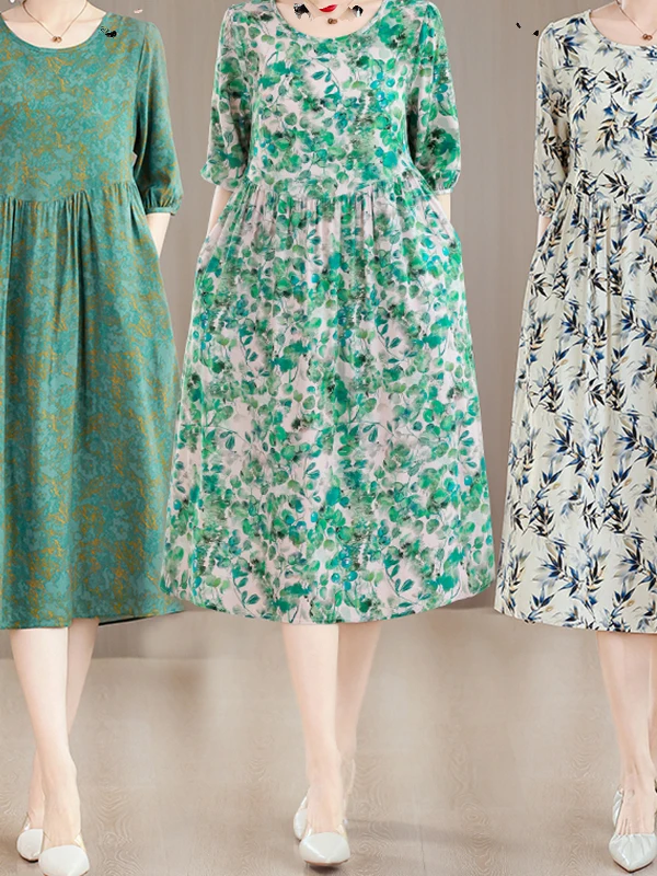 A-ligne Midi coton soie Dr femmes ample été imprimé haut de gamme sentiment maman ventre couvrant minceur Princ robe