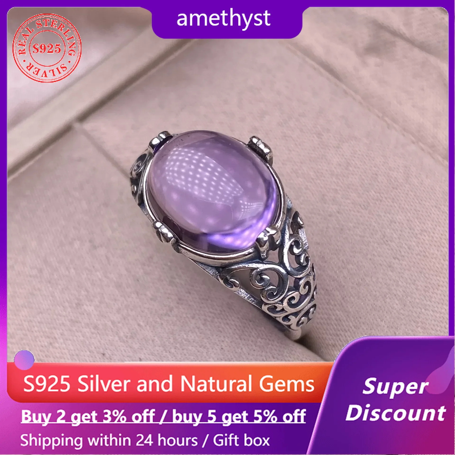 

Natural Amethyst Girls' Ring s925 Silver Vintage Hollow out Women's Crystal Party Jewelry Exquisite Wide Edition Accessories