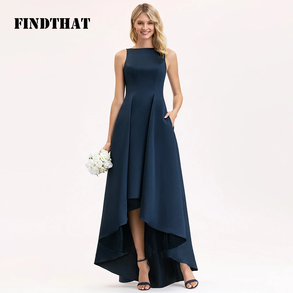 Findthat Simple O-Neck Sleeveless Bridesmaid Dresses Asymmetrical Ankle-Length Satin A-Line Cocktail Party Gowns with Pockets