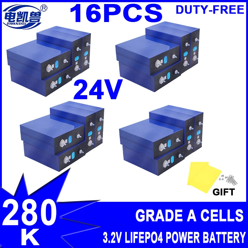 16PCS LF280K Lifepo4 280AH Rechargable Battery 3.2V Grade A Cells 6000 Cycles DIY 12V 24V 48V For RV Solar Ship Power No Tax