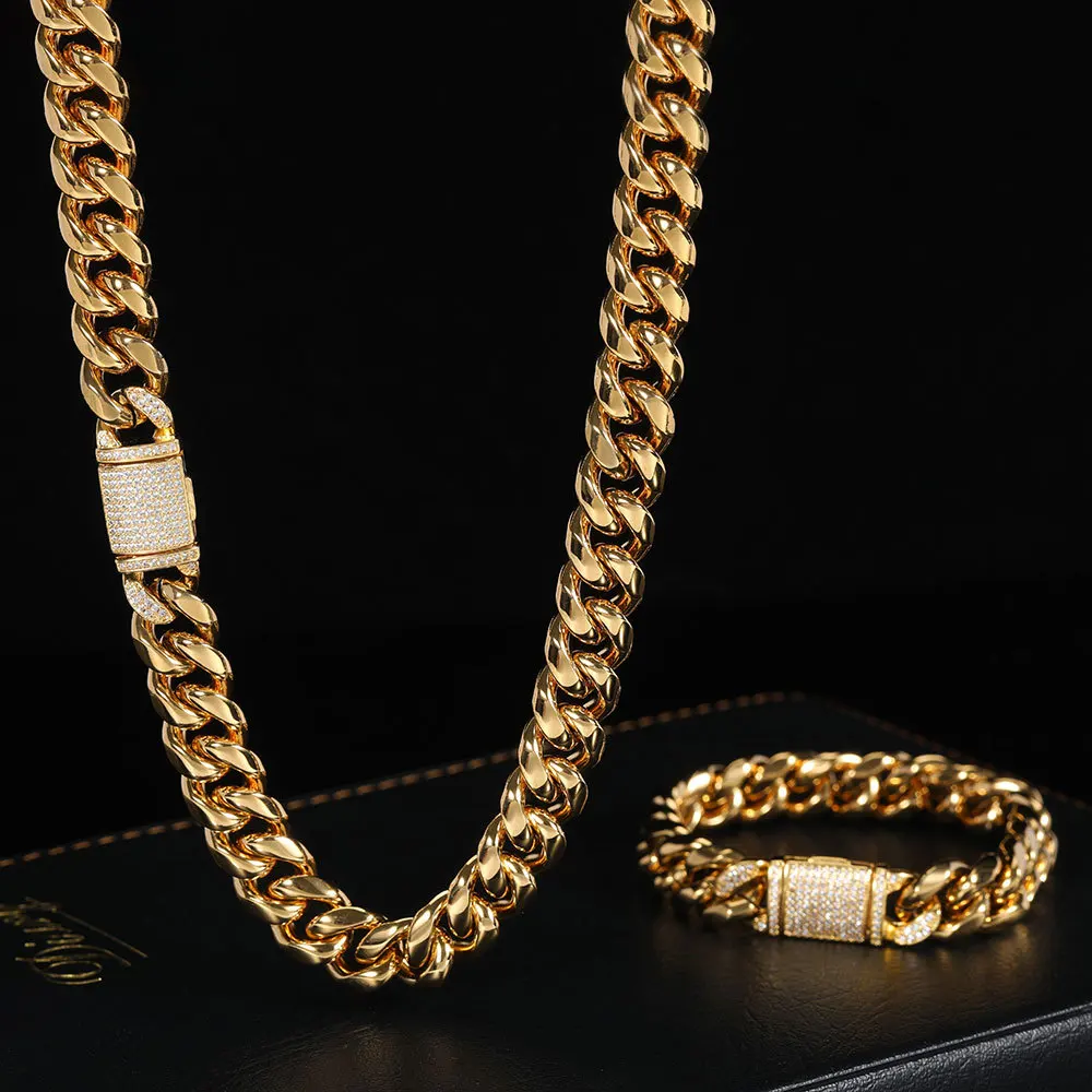 

Luxury 24K 9999 Pure Gold real gold Hip Hop 12mm Round Grinding Encryption Cuban Chain Men's Necklace Bracelet