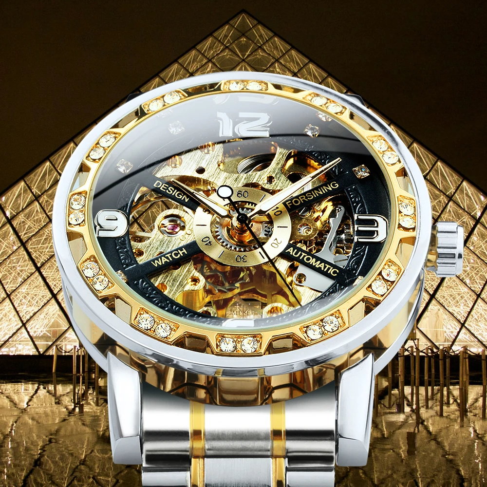 Forsining Luxury Mechanical Watches Luminous Hands Retro Gold Skeleton Watch for Men Stainless Steel Strap Business Wristwatches