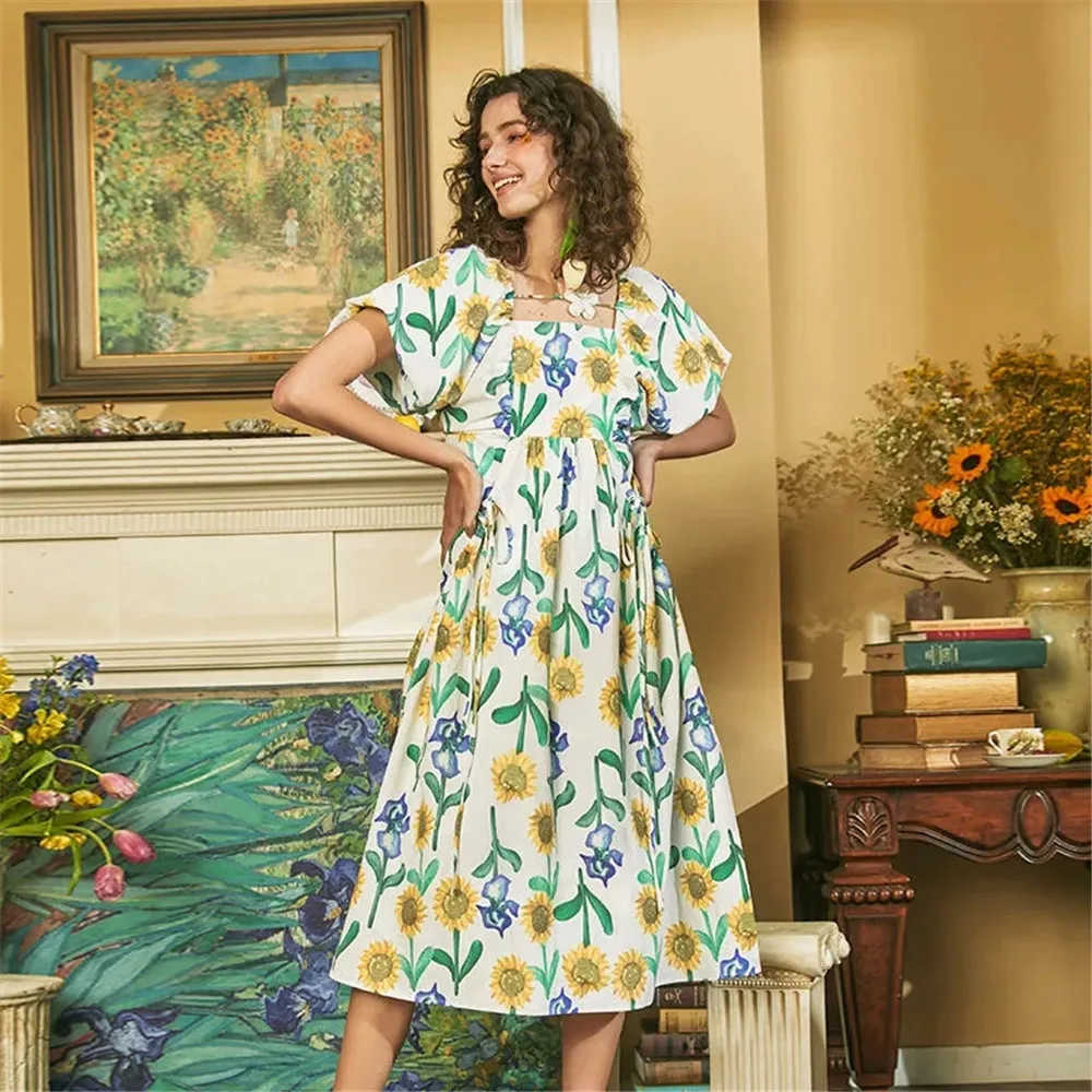 Trendy2KVan Gogh Sundress For Women, New Fashion, Hollow Print, Bubble Sleeve, Art, Spring And Summer, 2024