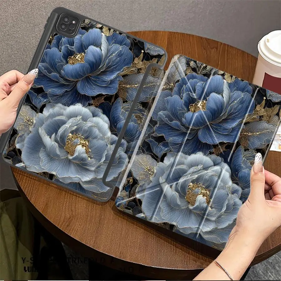 

Чехол для планшета iPad Pro 11-го, 10-го, 9-го, 8-го, 7-го поколений, 12.9 дюймов, Mini 6, 7, Pro 2025, Air 4, 5, M3, M2, 1, 2, M4, 11 дюймов, с подставкой, синий пион