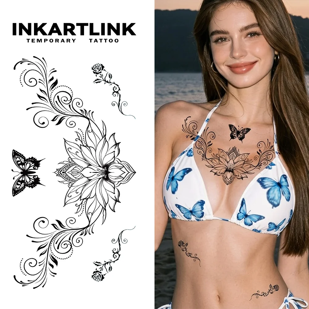 INKARTLINK Boho Lotus Butterfly Necklace Temp Tattoo Waterproof Sticker for Music Festivals, Beach Party & Daily Look.