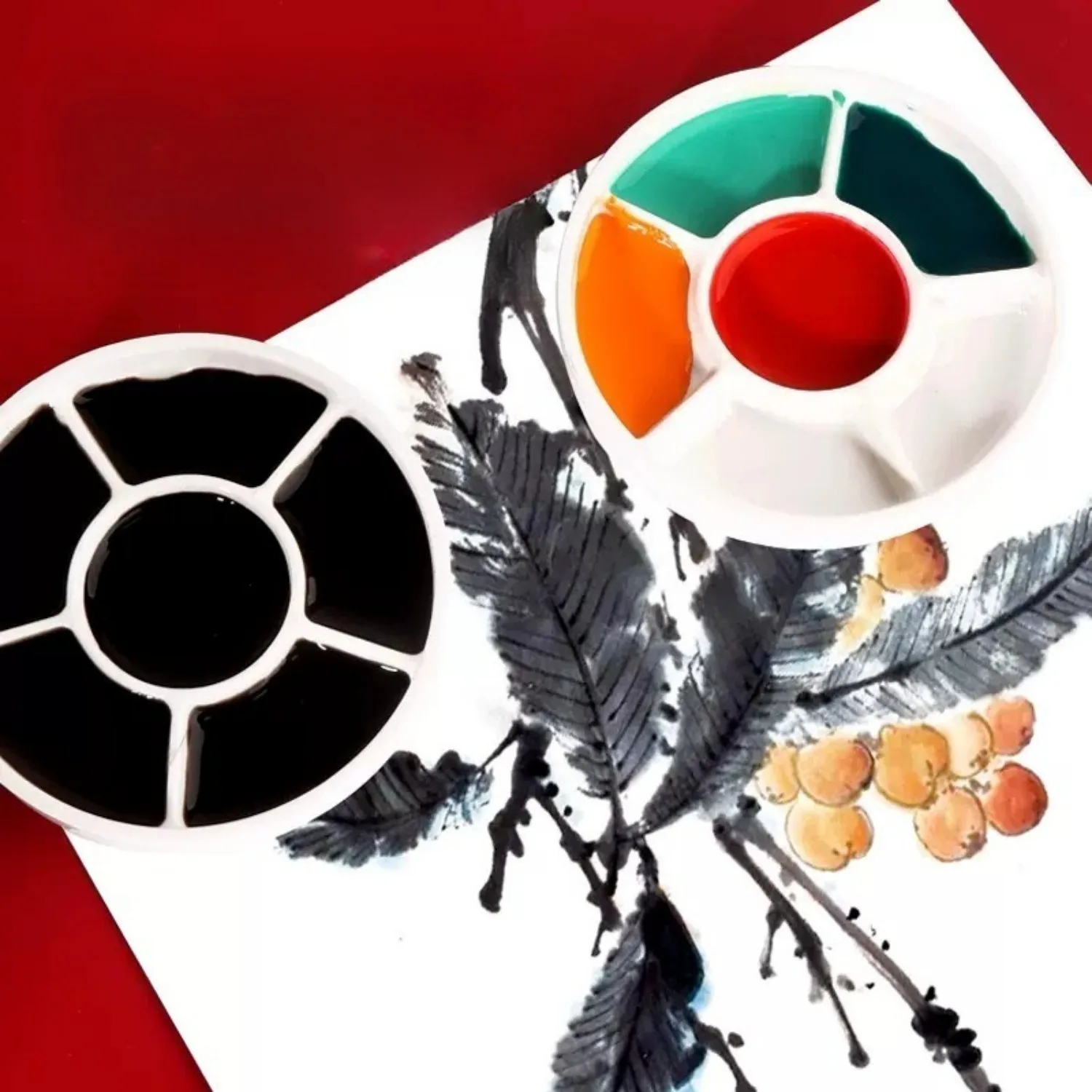 Imitation Porcelain Round Palette with Lid Acrylic Watercolor Painting Multifunctional White Paint Tray Artist Supplies