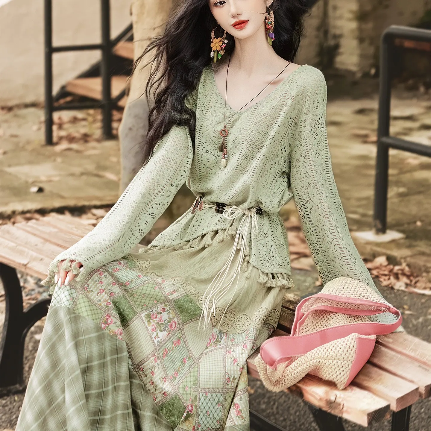 

n Sle Hollow out Tassel Set Women's High Waist Skirt Long Sve V-Ne Breathable Loose Fit Faion Ensemble