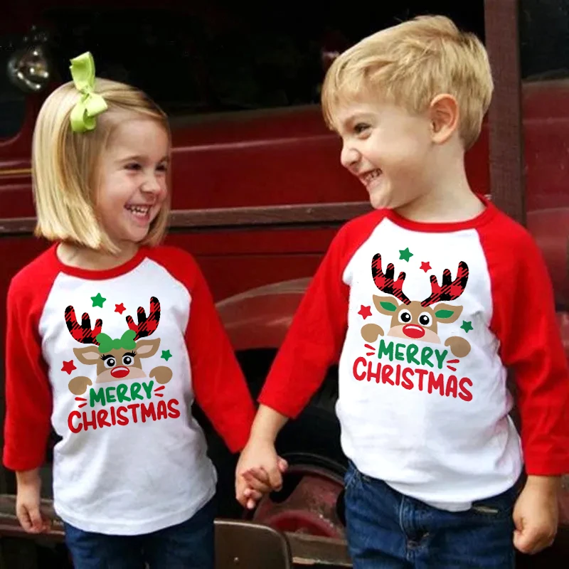 

Merry Christmas Deer Print Kid T Shirt Christmas Girls Boys T-shirt Raglan Sleeves Tops Sibling Clothes Child Tshirt Xmas Outfit