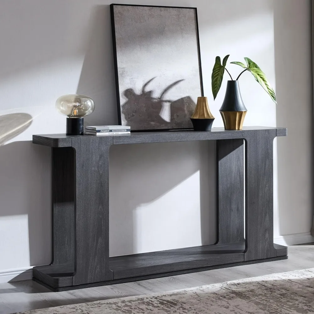 

63 Inch Modern Entryway Console Table, 2-Tier Long Sofa Table Behind Couch with Curved Edge, Wood Farmhouse Narrow Entry