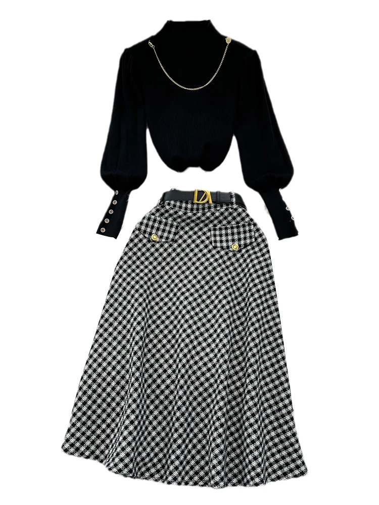 جديد الشتاء بدلة على الموضة المرأة نصف الياقة العالية أزرار الذهب متماسكة سترة علوية + رسالة الزنانير houndstooth تحقق الصوف تنورة