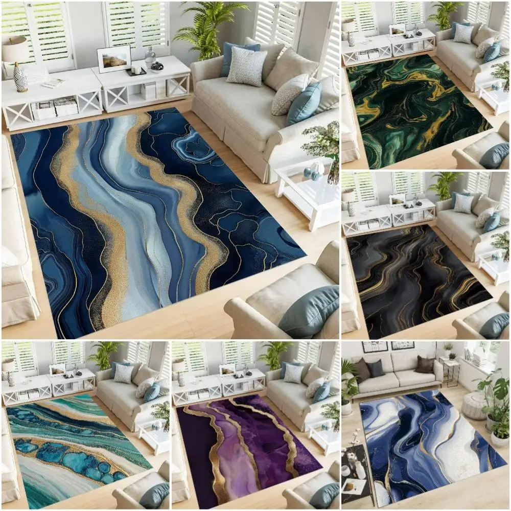 3D Blue Geode and Green White Fluid Waves Abstract Crystal Stone Art Pattern Non-Slip Area Rug Living Room Home Decor