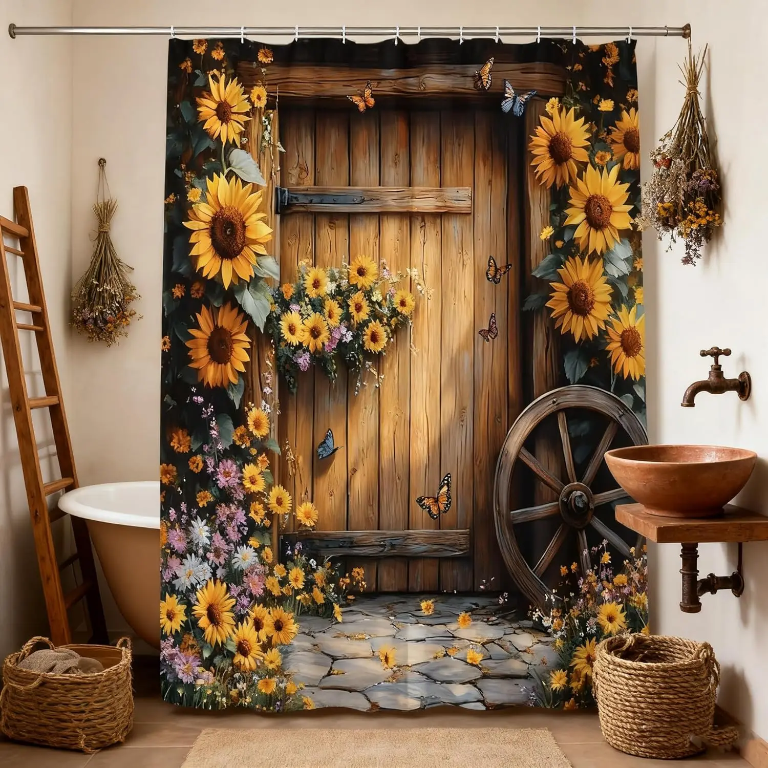 

Rustic Barn Door Shower Curtain Autumn Sunflower Floral Farmhouse Vintage Western Brown Wooden Board Yellow Flower Butterfly