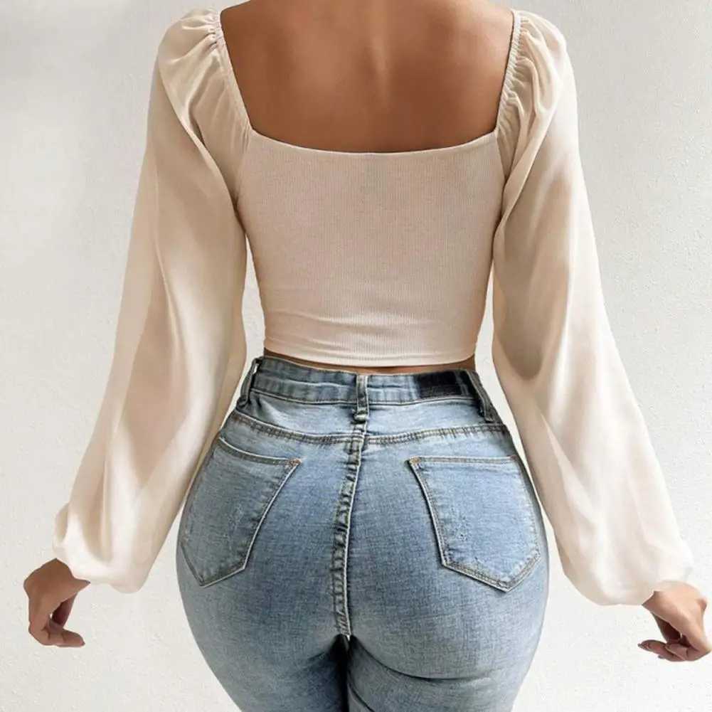 ملابس علوية مثيرة من الدانتيل برقبة على شكل حرف V للنساء ، أكمام طويلة بسيطة ، مناسبة ، أحادية اللون ، موضة ساخنة ، الصيف والربيع ،