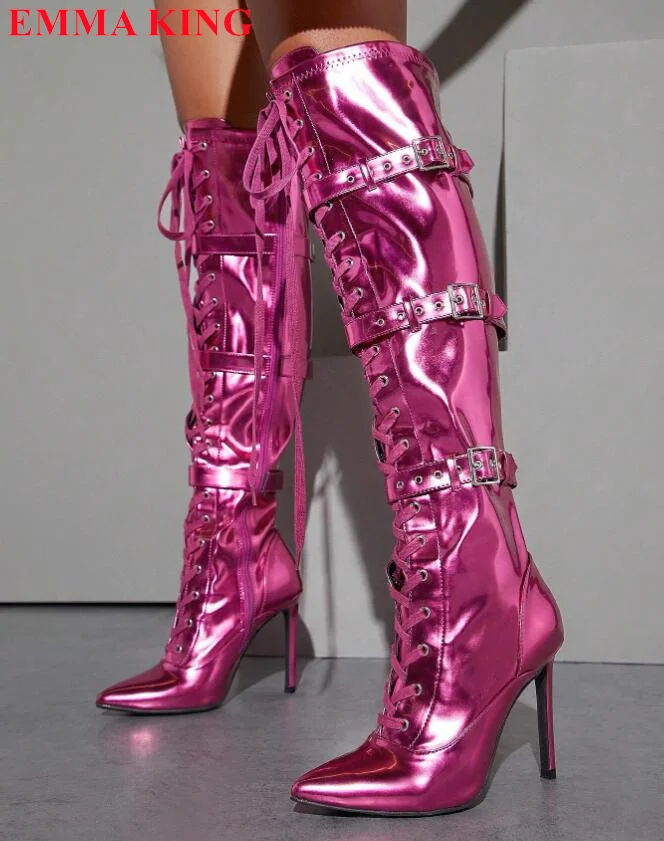 

Women's Patent Leather Knee High Boots High Heels Pointed Toe Stiletto Long Boots Women Lace-up Buckle Strap Party Shoes Woman