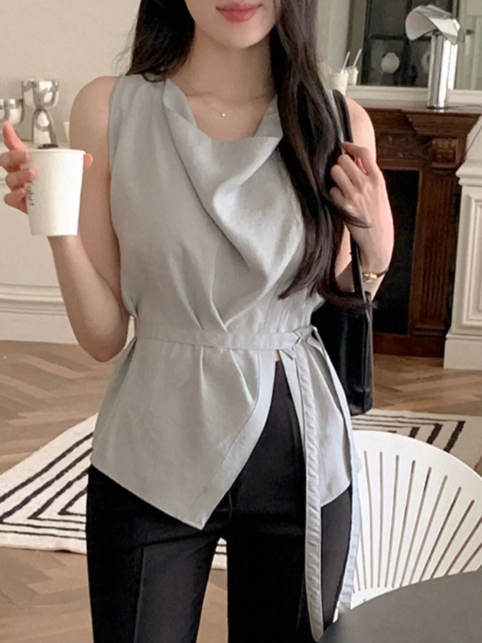 Ele Svel irt Atasan Desain Asimetris Kerah Berdiri Berumbai Pinggang Baru Musim Panas Wanita