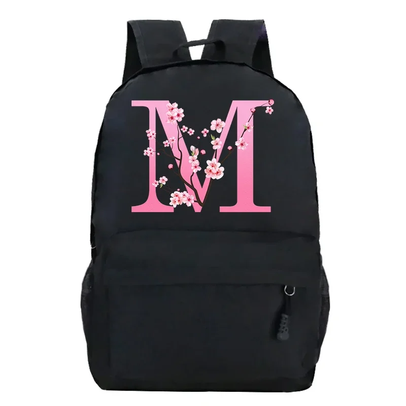 Letter M Design Bags Fpr Girls Backpack Cherry Blossom Kawaii Backpack Bags A-Z 26 Alphabet Pink Sakura Children's School Bag