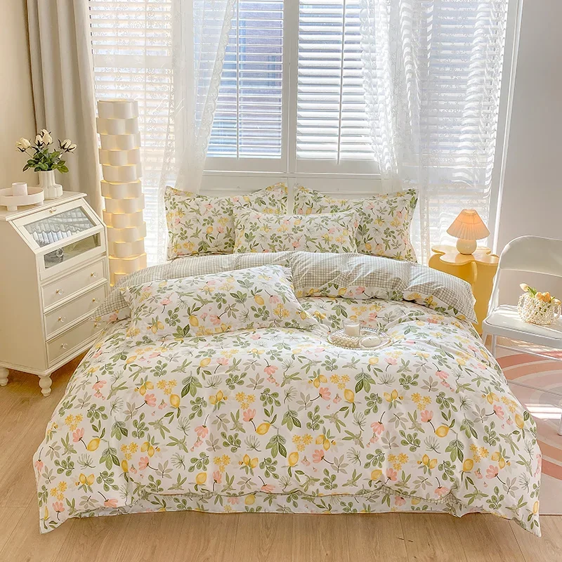 Lemon Green Leaves Pattern Duvet Cover Set 3Pcs Cotton Bedding Set Soft Comfortable Skin-friendly Comforter Cover Pillowcases