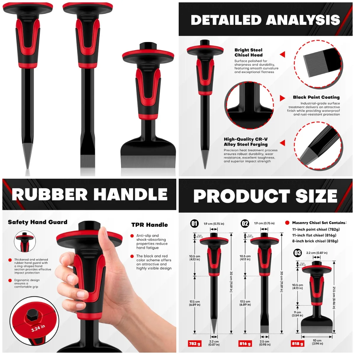 

3Pcs Heavy Duty Masonry Chisel Set with Hand Guard - Stone & Rock Chisel for Breaking, Splitting, Cutting