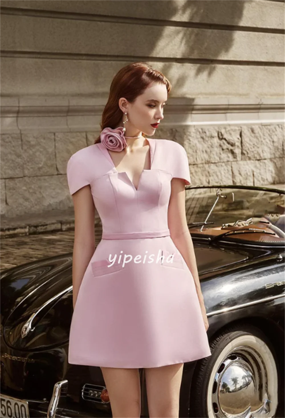 Customized Jersey Pleat Christmas A-line V-neck Bespoke Occasion Gown Short Dresses