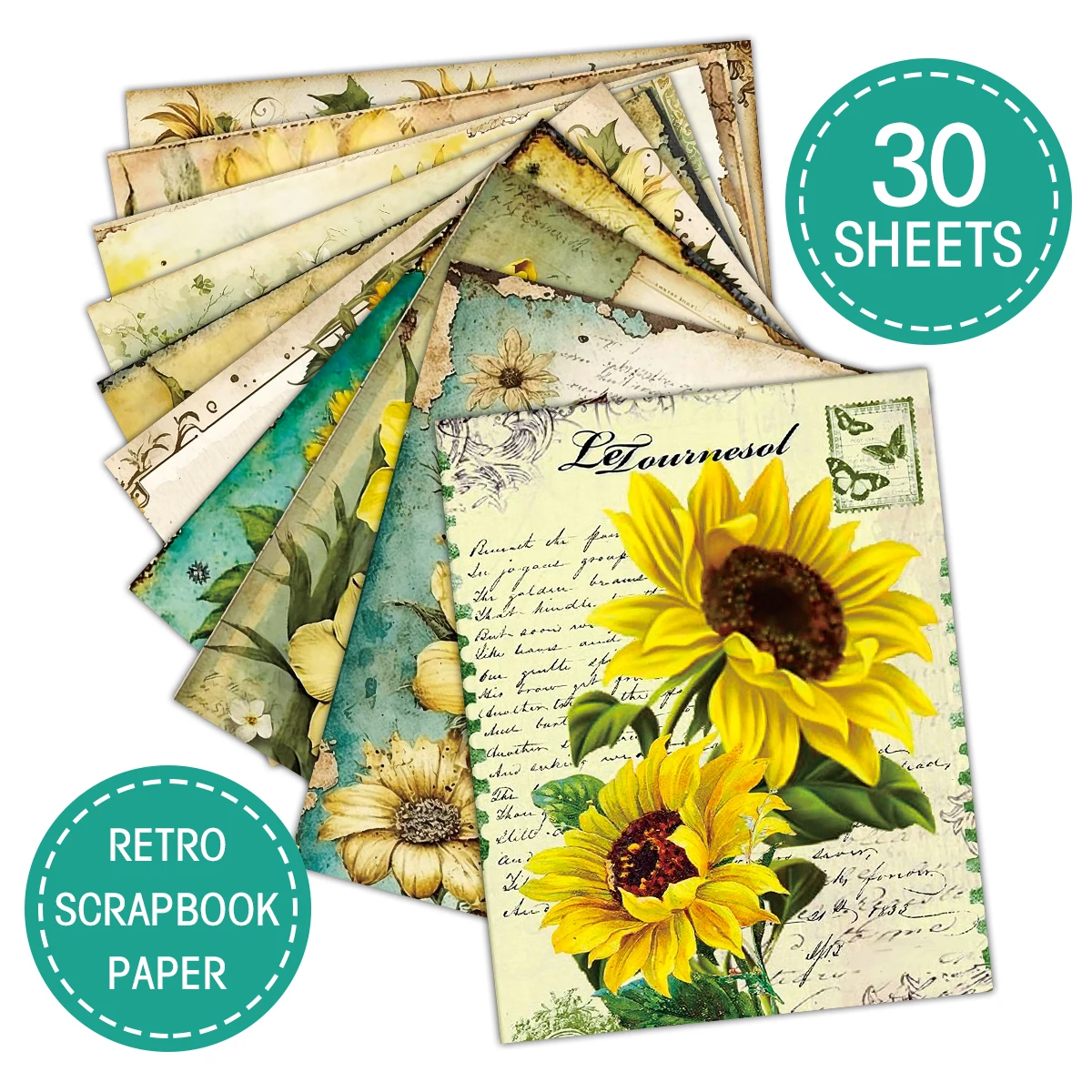 30Sheets Vintage Sunflower and Bee Scrapbook Paper Vibrant Artistic Backgrounds for Creative DIY Craft,Journaling & Scrapbooking