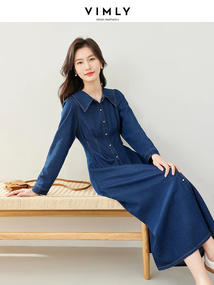 Vimly Women Cotton Washed Denim Dress Spring 2024 Retro Long Sleeves Button Up A-line Fitted Midi Dresses Woman Clothing 72981