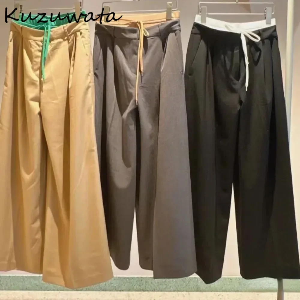 Kuzuwata Casual High Waist Straight All-match Pants Panelled Lace Up Moda Exquisite Trousers Japan Drawstring Double Sweatpants