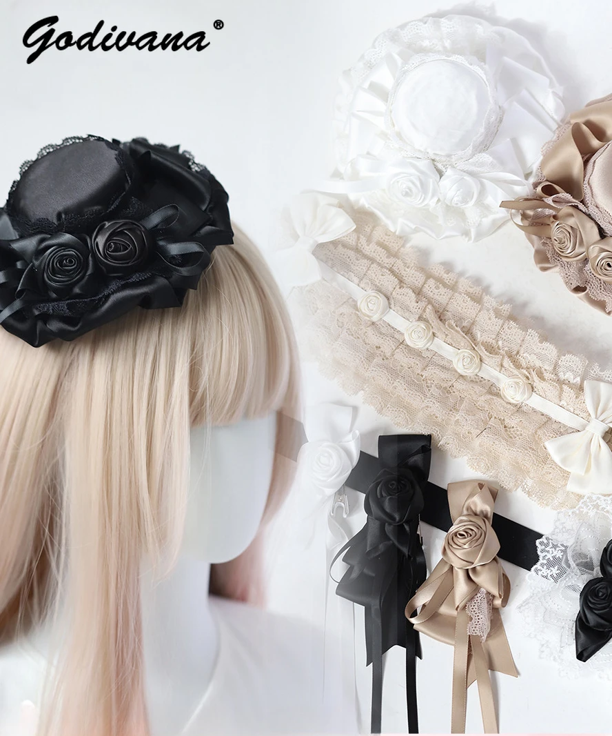 

Handmade Gothic Lolita Black White Rose Flower Bow Barrettes Girl Women's Lolita Lace Hairband Japanese Style Pair of Hair Clips