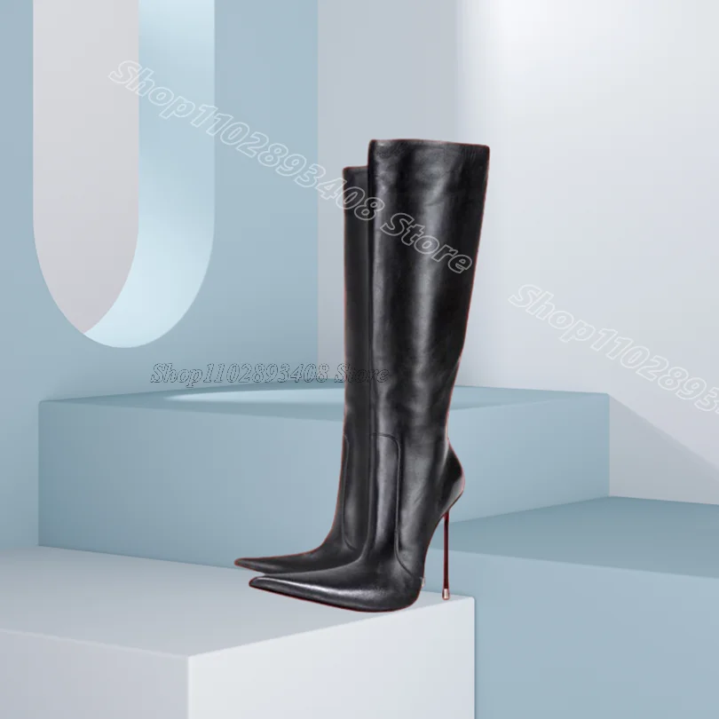 

Black Pointed Toe Knee Boots Shallow British Style Fashion Spring Party Casual Design for Women Boots 2025 Zapatos Para Mujere