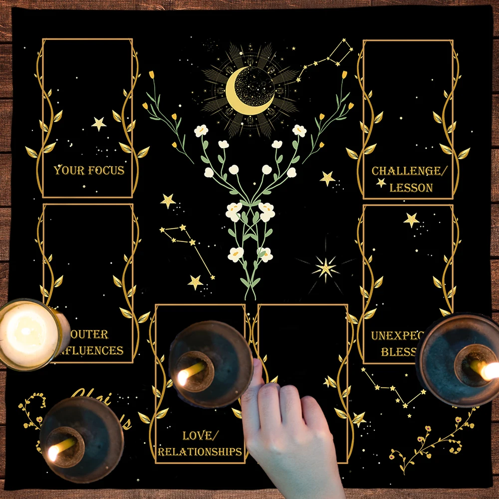 Altar Cloth Moon Starry Sky Vibrant Floral Divination Tablecloth Golden Celtic Cross Tarot Table Cloth For Tarot Mat Witchy