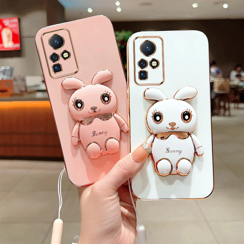 Phone Case for Infinix Zero X Neo Infinix Zero X Pro Plating Square Rabbit Holder With Landyard Protection Phone Case Back Cover