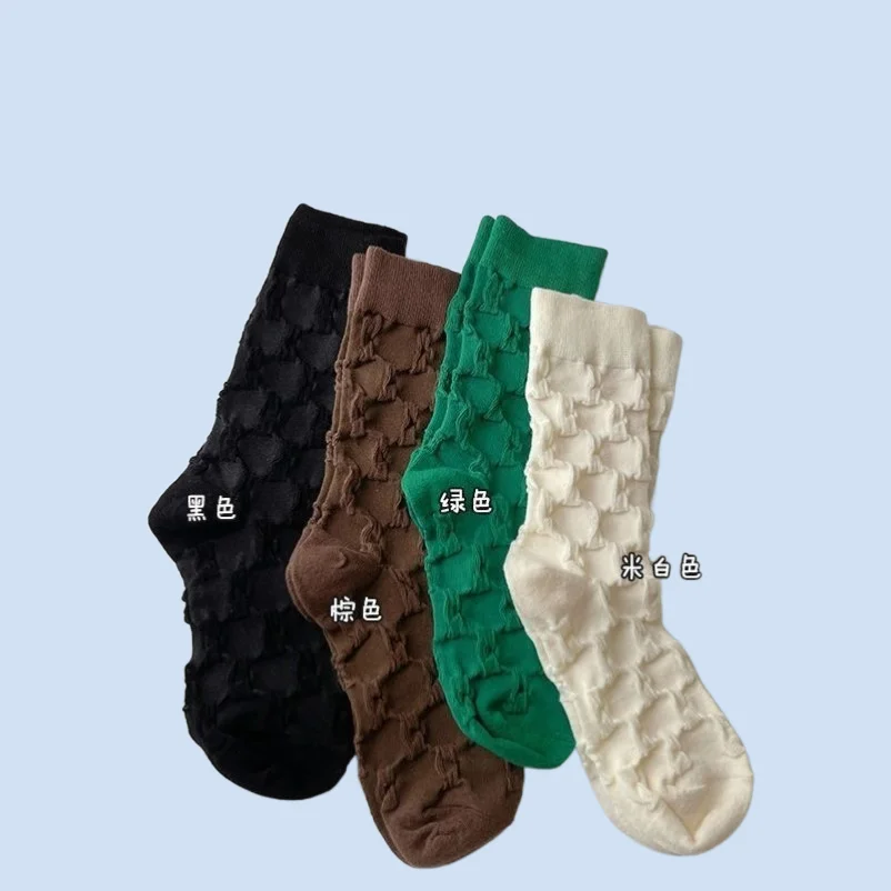 4/8 Pairs Women's Mid-Tube Socks Spring and Summer Solid Color Bubble Plaid Textured Cotton Sports Long Tube Stacked Socks