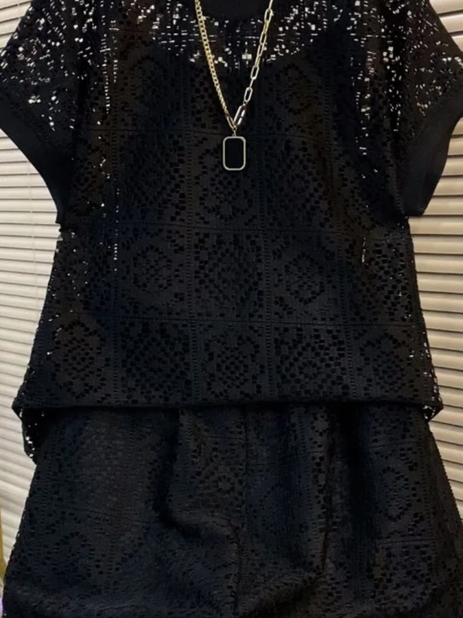 Conjunto de dos piezas de verano para mujer, talla grande, a la moda, con diseño hueco, holgado y adelgazante, estilo coreano, informal, online.