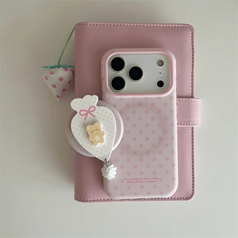 

Pink Polka Dot Case With Bear Candy Stand For MagSafe For iPhone 15 16 17 Pro Max INS Kawaii Style Shockproof Cover iphone 17 ca