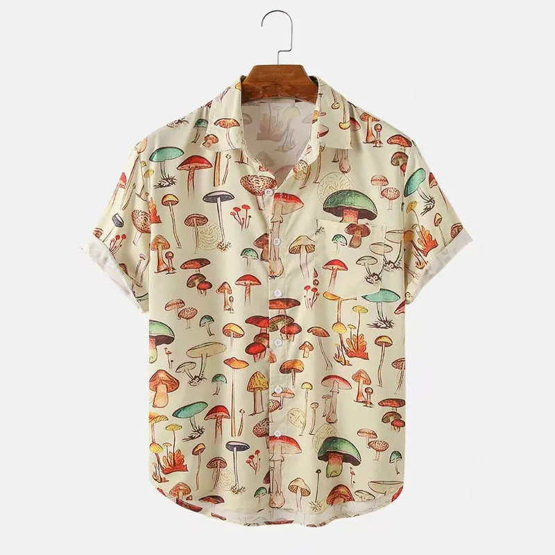2025 Men's summer new fashion trend mushroom print loose and comfortable soft Hawaiian casual collar thin breathable shirt