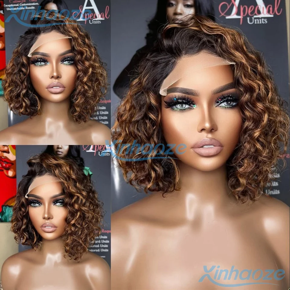 

200 Density Ombre 1B/30 Colored Short Kinky Curly 13x6 Lace Frontal Human Hair Wigs With Baby Hair Pre Plucked Brazilian Bob Wig