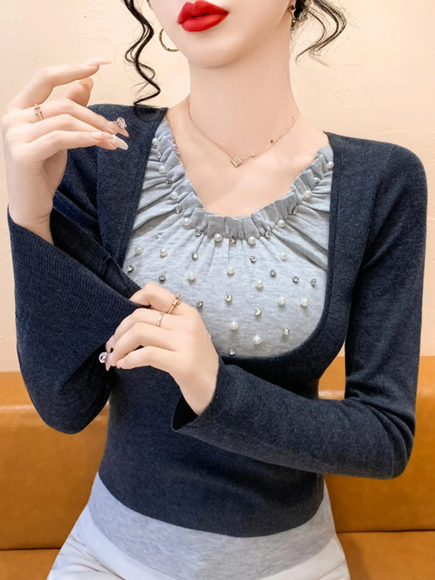 Feminino longo sve malha topo u-ne pesado embelezamento base de emagrecimento irt desgaste interno início do outono novo sle cintura-emagrecimento