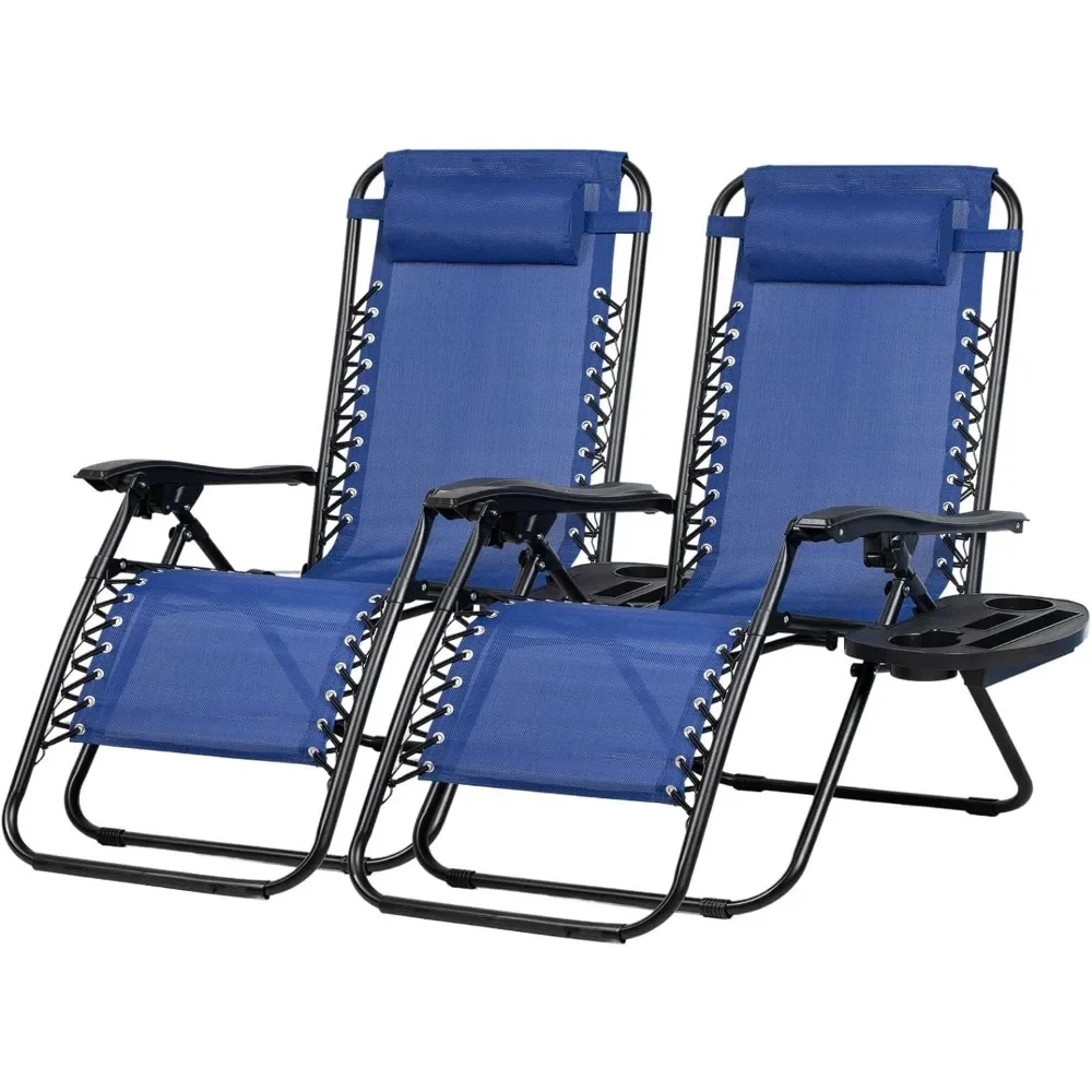 

Set of 2 Relaxing Recliners Patio Chairs Adjustable Steel Mesh Zero Gravity Lounge Chair Beach Chairs with Pillow and Cup Holder