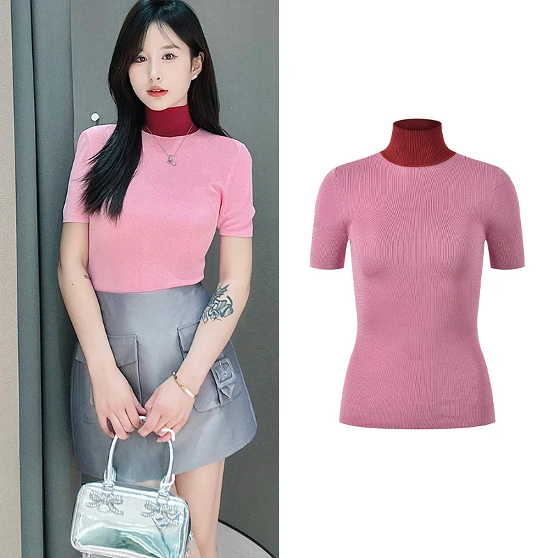 เสื้อยืดถักทรงเข้ารูป คอสูง สีสันสดใส สไตล์ลำลอง สำหรับผู้หญิง รุ่นซัมเมอร์ 2025 ดีเทลสีชาสดใส