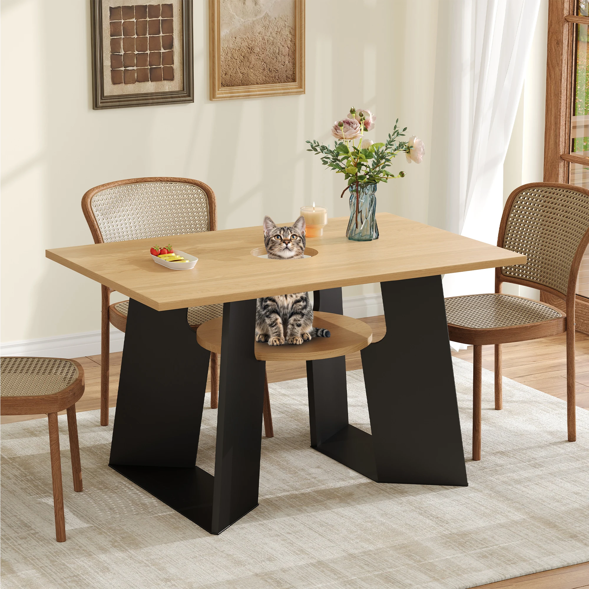 Mesa de Comedor Rectangular Okwish con Almacenamiento, Apta para Mascotas, MDF Natural y Negro