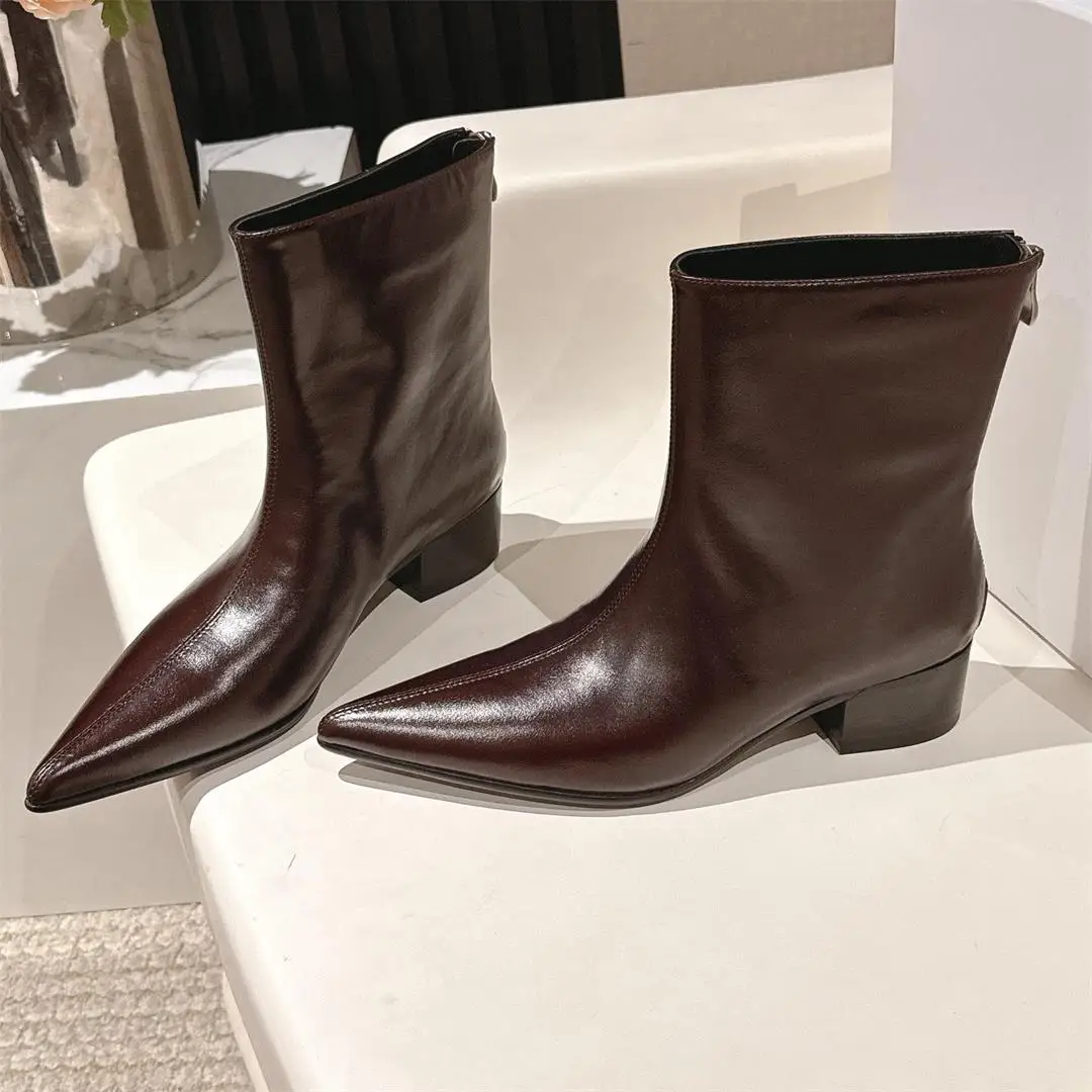 

Женские короткие ботинки на квадратном каблуке, женские современные ботинки без шнуровки с острым носком, ботильоны из натуральной кожи на высоком каблуке, модные зимние ботильоны